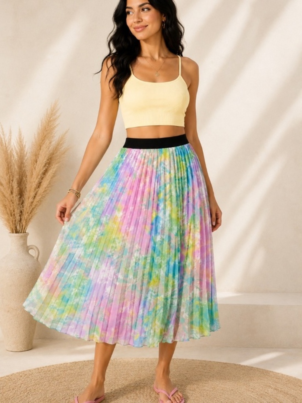 Fairy Ethereal Romantic Boho-Chic Artsy Pleated Rainbow Midi Skirt, Size Medium